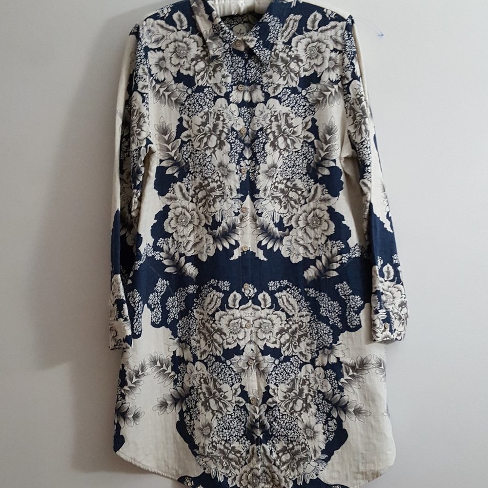 Soft Surroundings Floral Blue/Cream Button Dress L